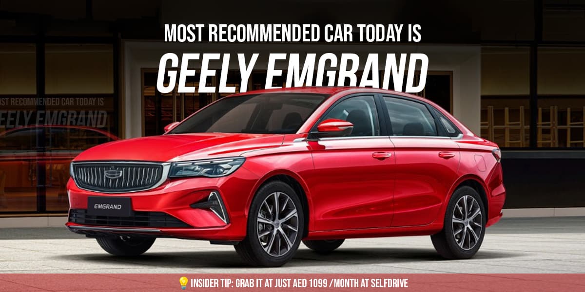 Red Geely Emgrand, the most recommended car today, available for monthly rental from AED 1099 through Selfdrive.